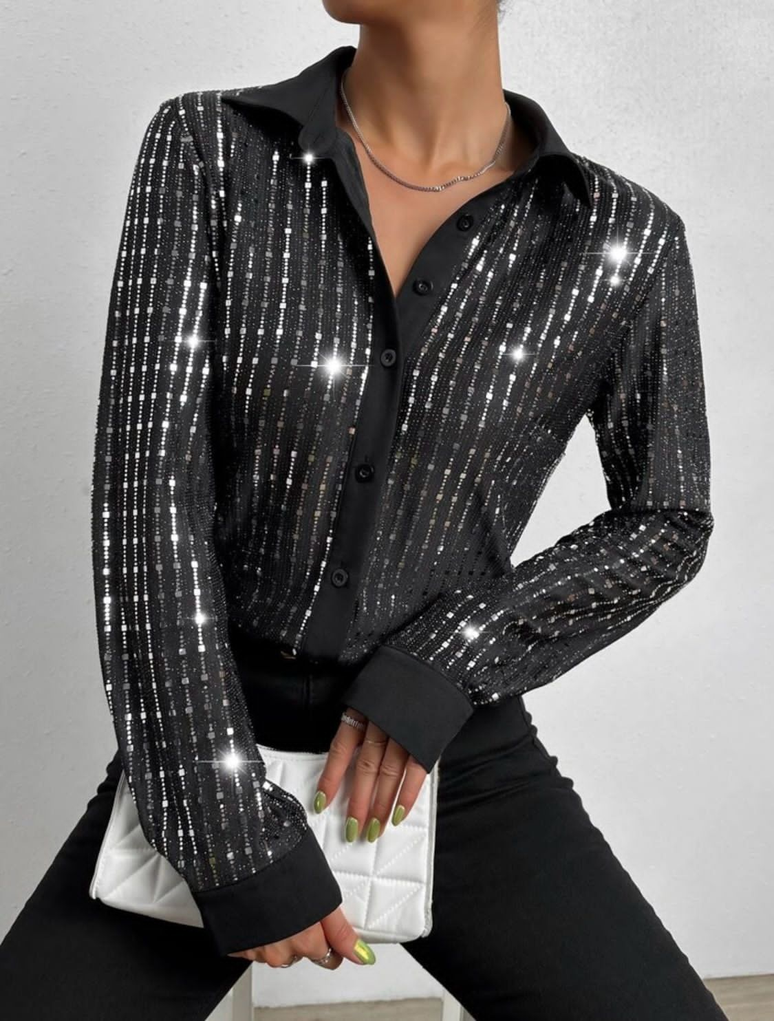 Sequin Button Front Shirt - 0452