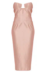 PRETTY LITTLE THINGS MAUVE SATIN V BAR BANDEAU MIDI DRESS