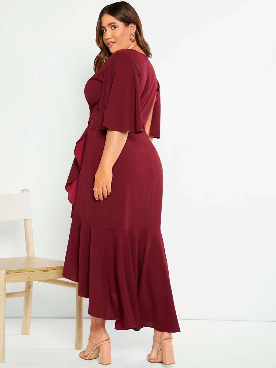 Plus Butterfly Sleeve Ruffle Asymmetrical Hem Dress - 0038