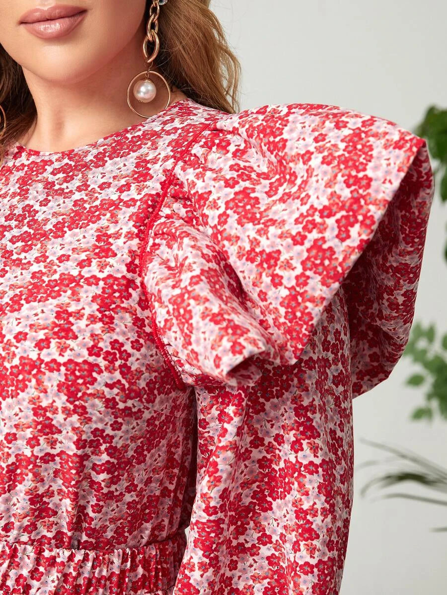 Plus Ditsy Floral Print Ruffle Trim Flounce Sleeve Top & Skirt - 0040
