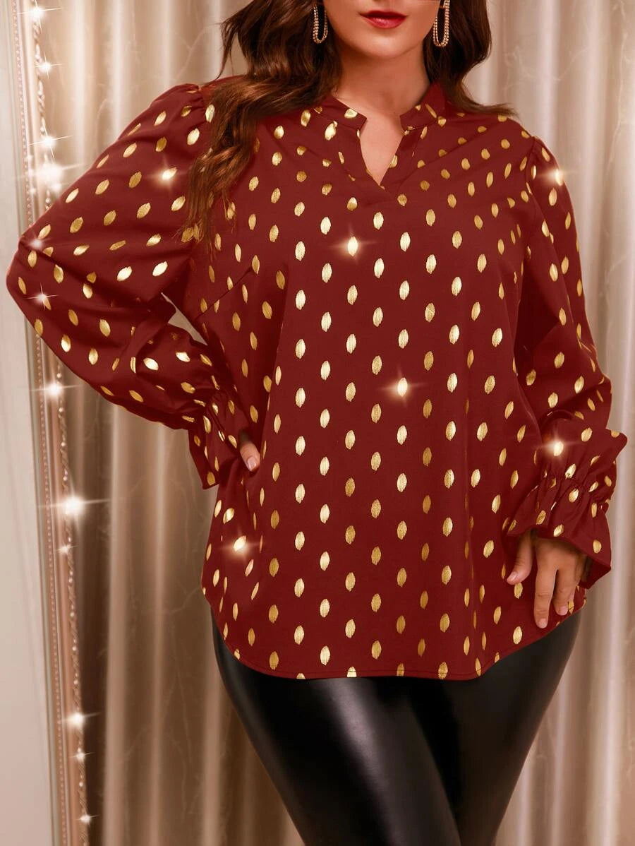 Plus Gold Dot Print Flounce Sleeve Blouse - 0026